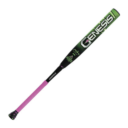 A photo of the Louisville Slugger 2026 Genesis Justin Lutheran 2PC Powerload USSSA Slo-Pitch Bat in colour black, green and pink.