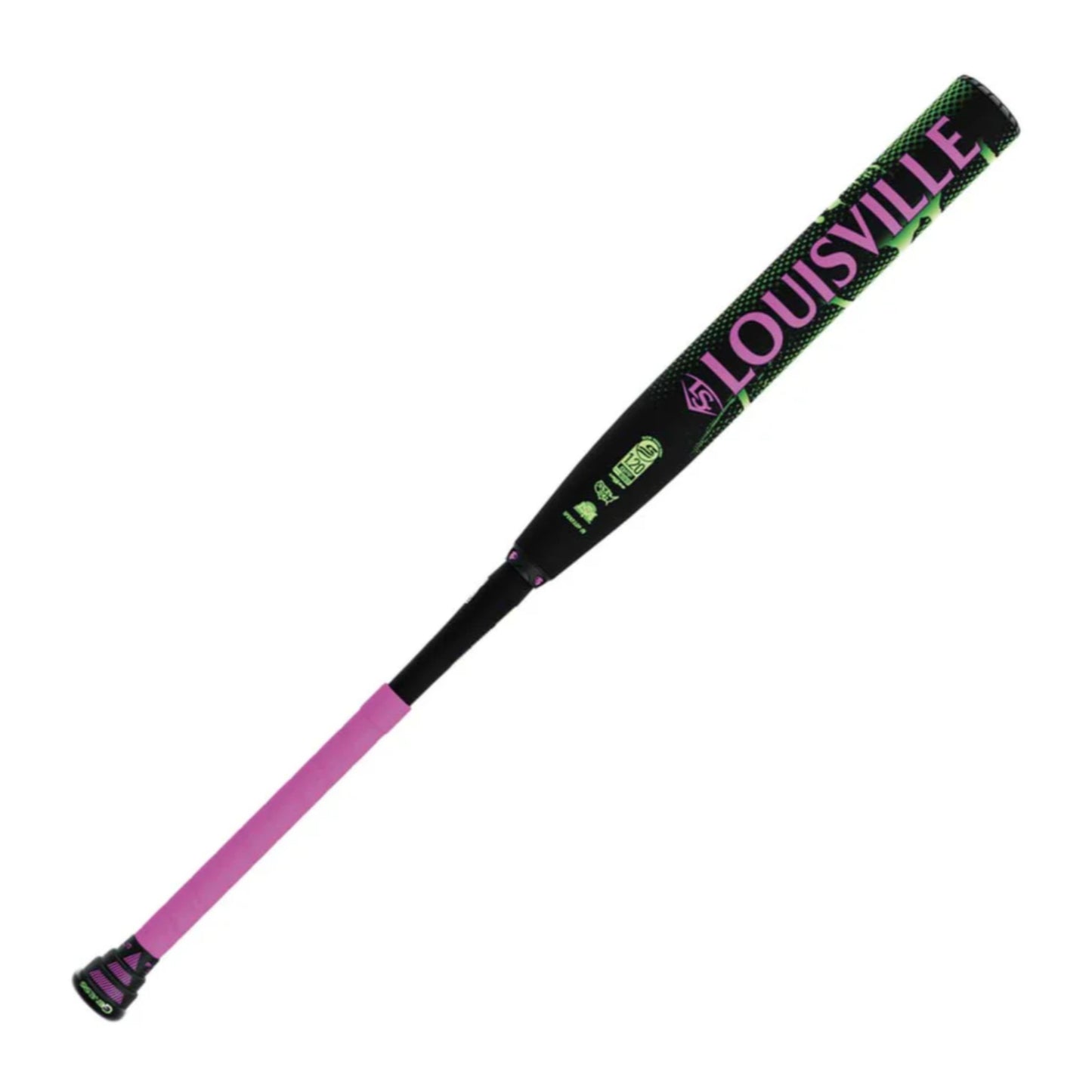 A photo of the Louisville Slugger 2026 Genesis Justin Lutheran 2PC Powerload USSSA Slo-Pitch Bat in colour black, green and pink.