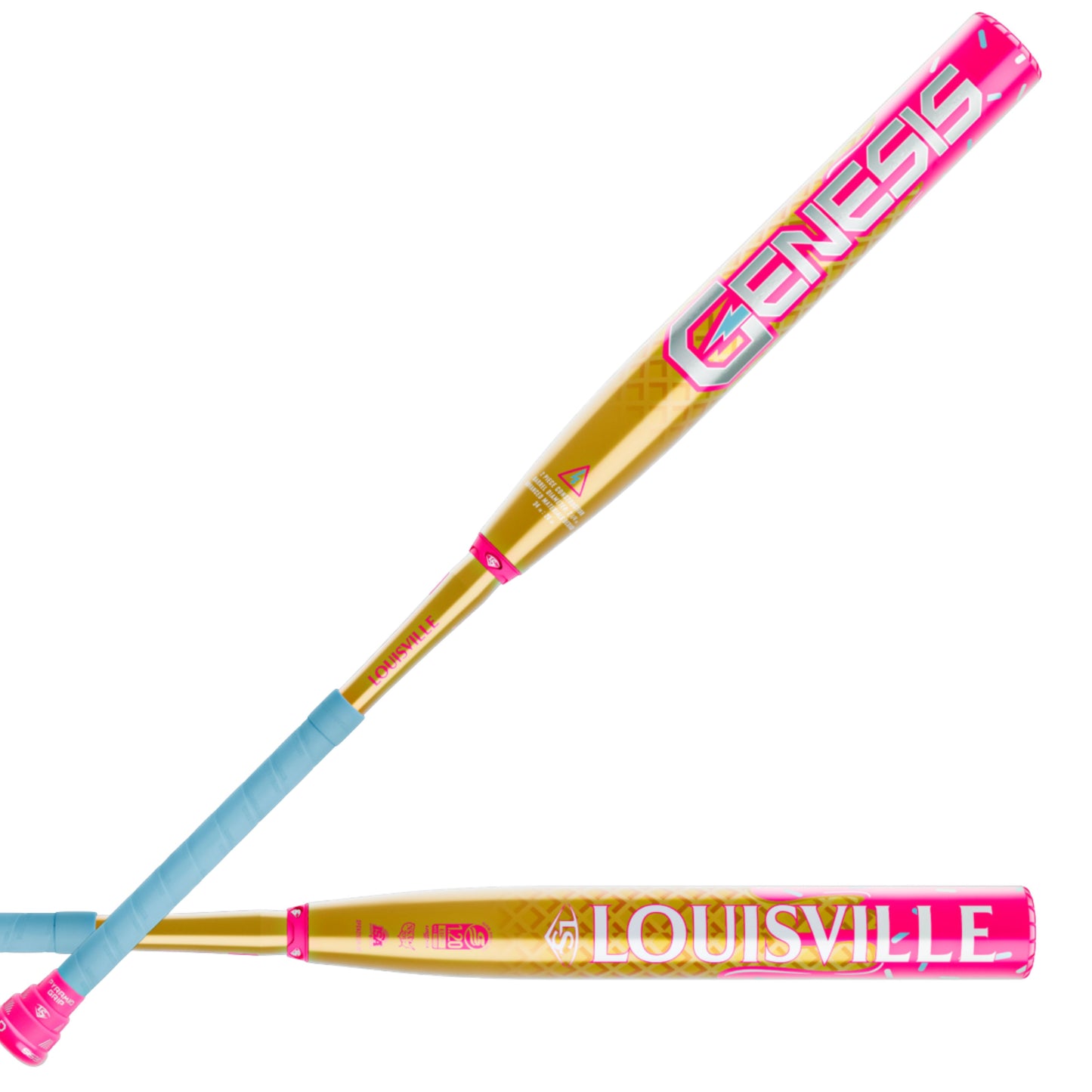 A photo of the Louisville Slugger 2026 Genesis "Ice Cream" 2PC Balance USSSA Bat in colour beige, pink and blue.