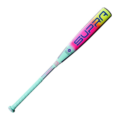A photo of the Louisville Slugger 2027 SUPRA (-10) Fastpitch Bat in colour blue, red and yellow, with navy SUPRA logo. 