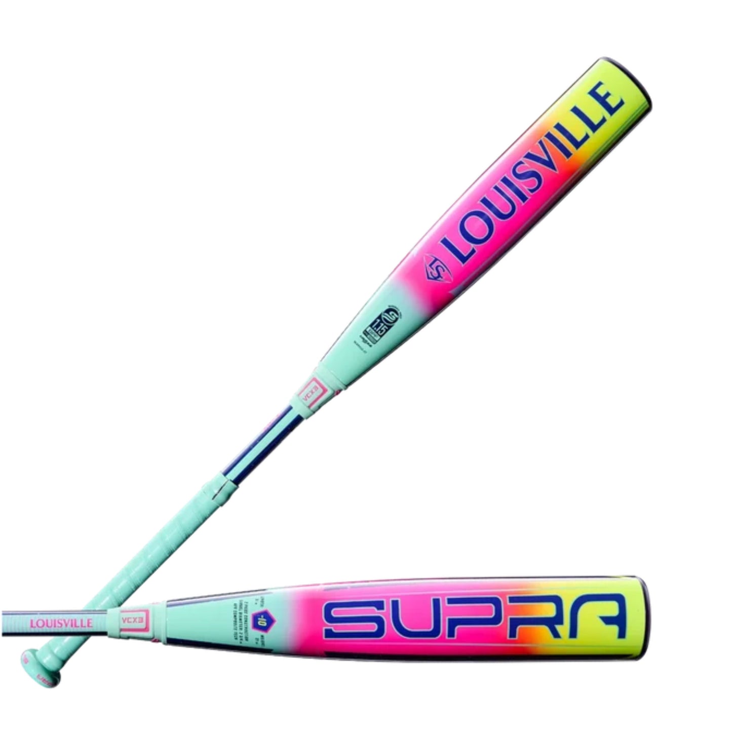 A photo of the Louisville Slugger 2027 SUPRA (-10) Fastpitch Bat in colour blue, red and yellow, with navy SUPRA logo. 