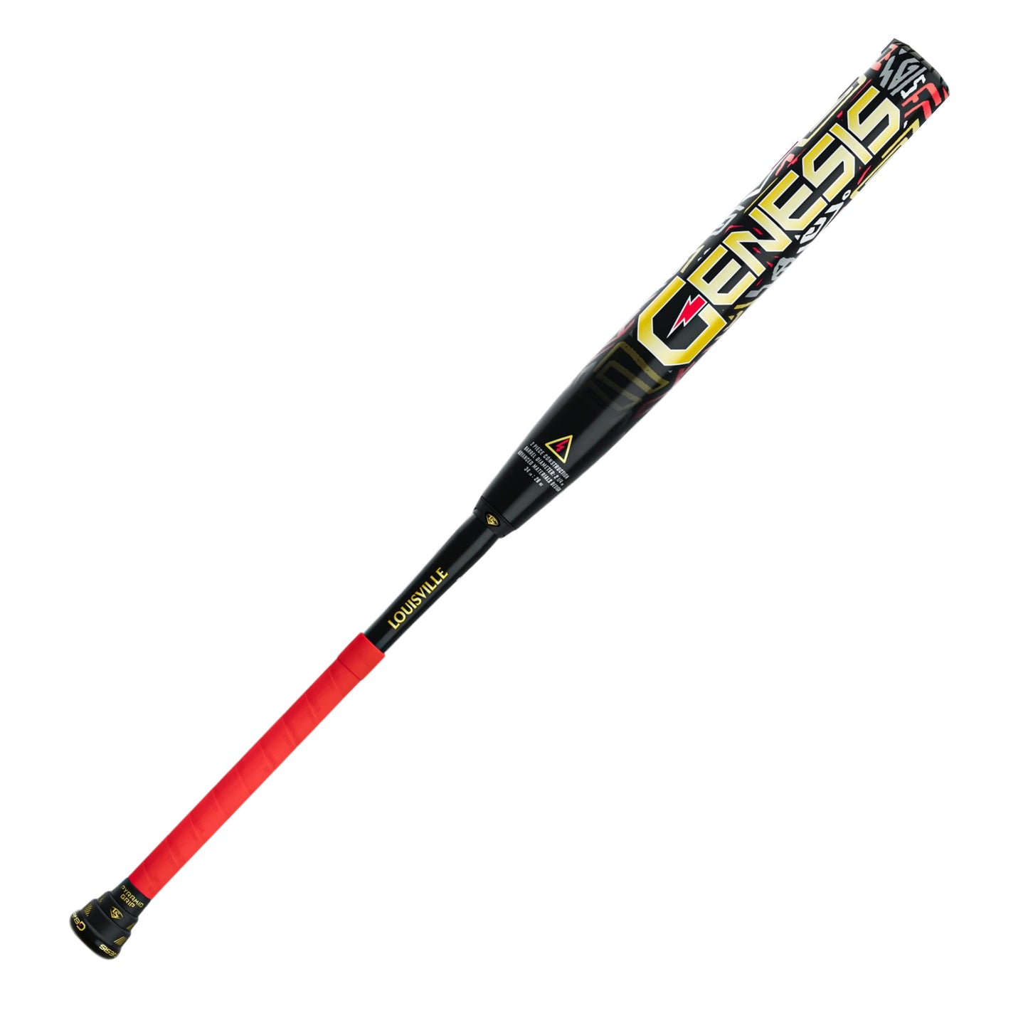 A photo of the Louisville Slugger Genesis 2PC "Iron Man" Balance Slo-Pitch Bat in colour black, red and gold.