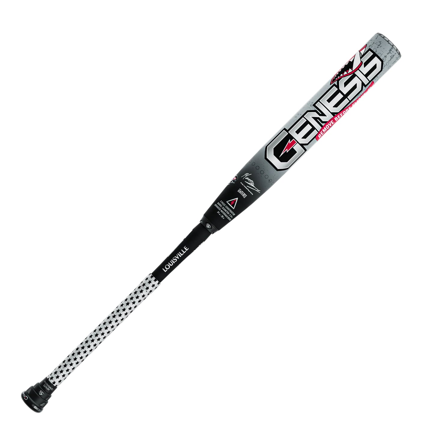 A photo of the Louisville Slugger 2026 Genesis Matt Brady 2 Piece Maxload 12" Slo-Pitch Bat in colour black and white.
