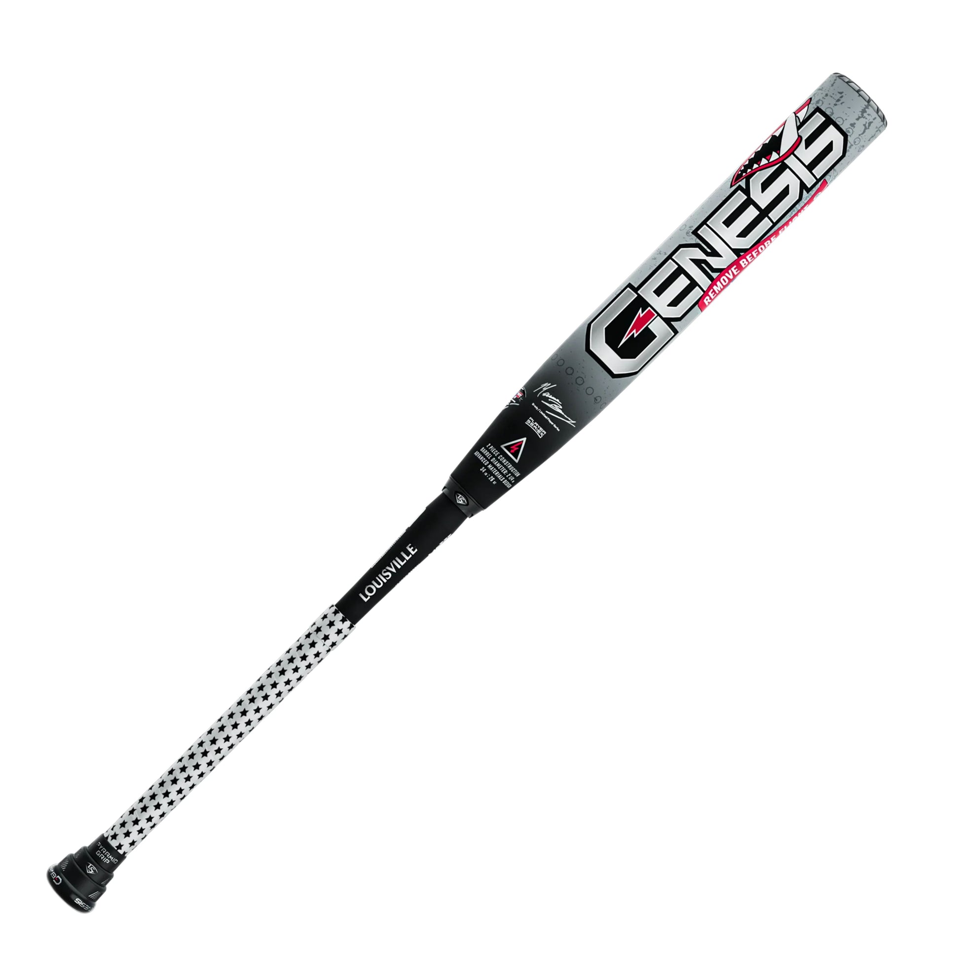 A photo of the Louisville Slugger 2026 Genesis Matt Brady 2 Piece Maxload 12" Slo-Pitch Bat in colour black and white.