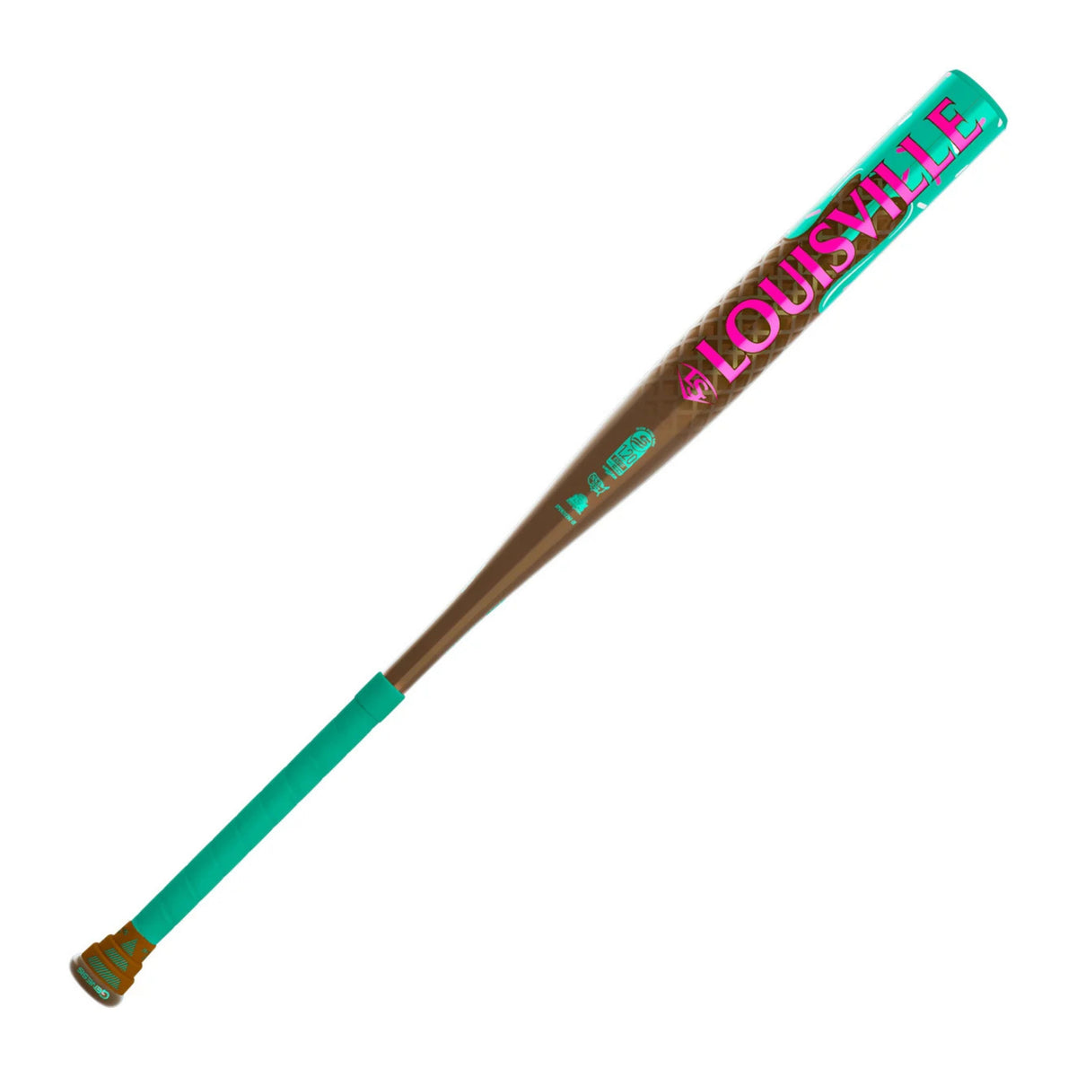A photo of the Louisville Slugger Genesis "Ice Cream" 1PC Endload Slo-Pitch Bat in colours brown, green and pink.