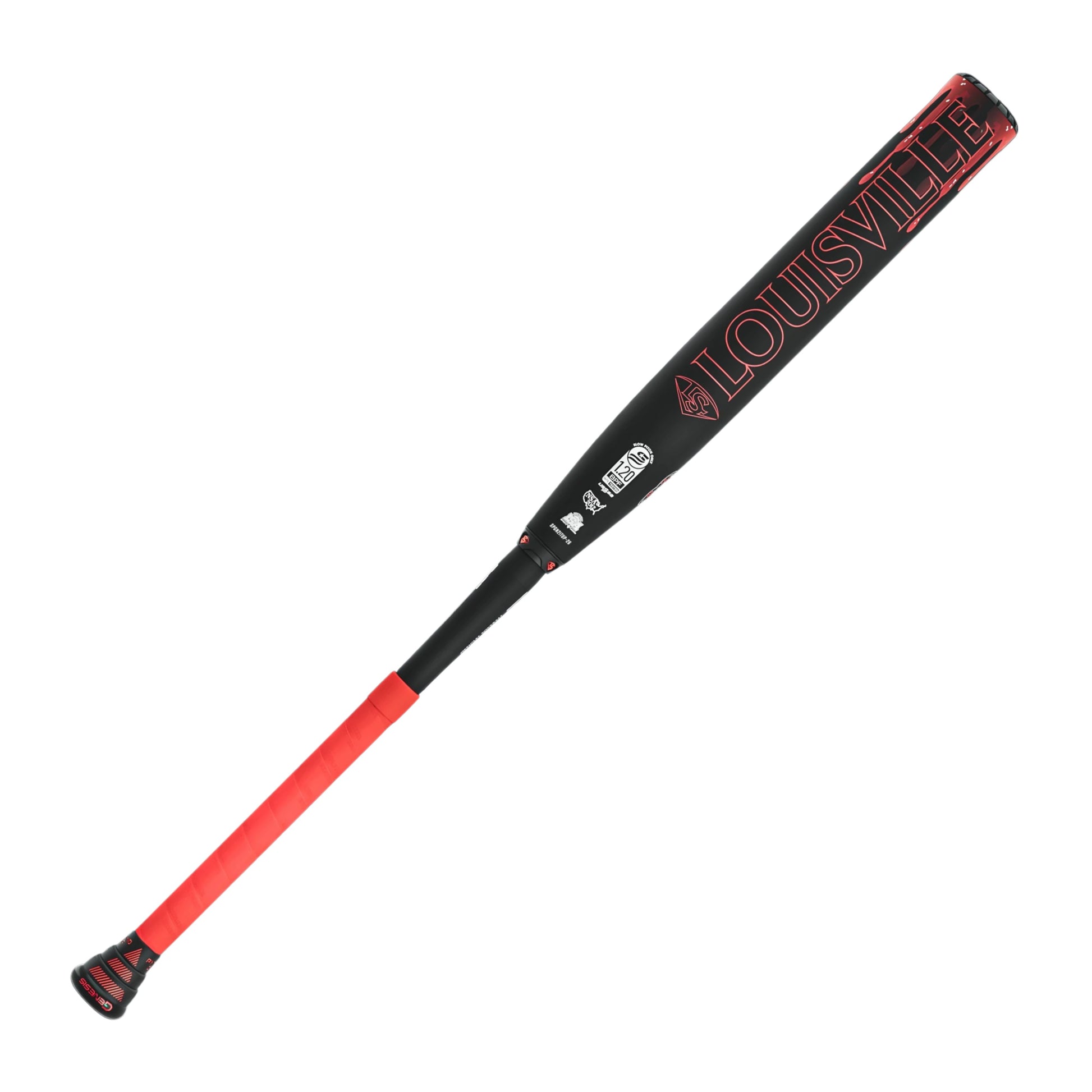 A photo of the Louisville Slugger Genesis "Mangia, Mangia" 2PC 12" Powerload Slo-Pitch Bat in colour black, red and green.