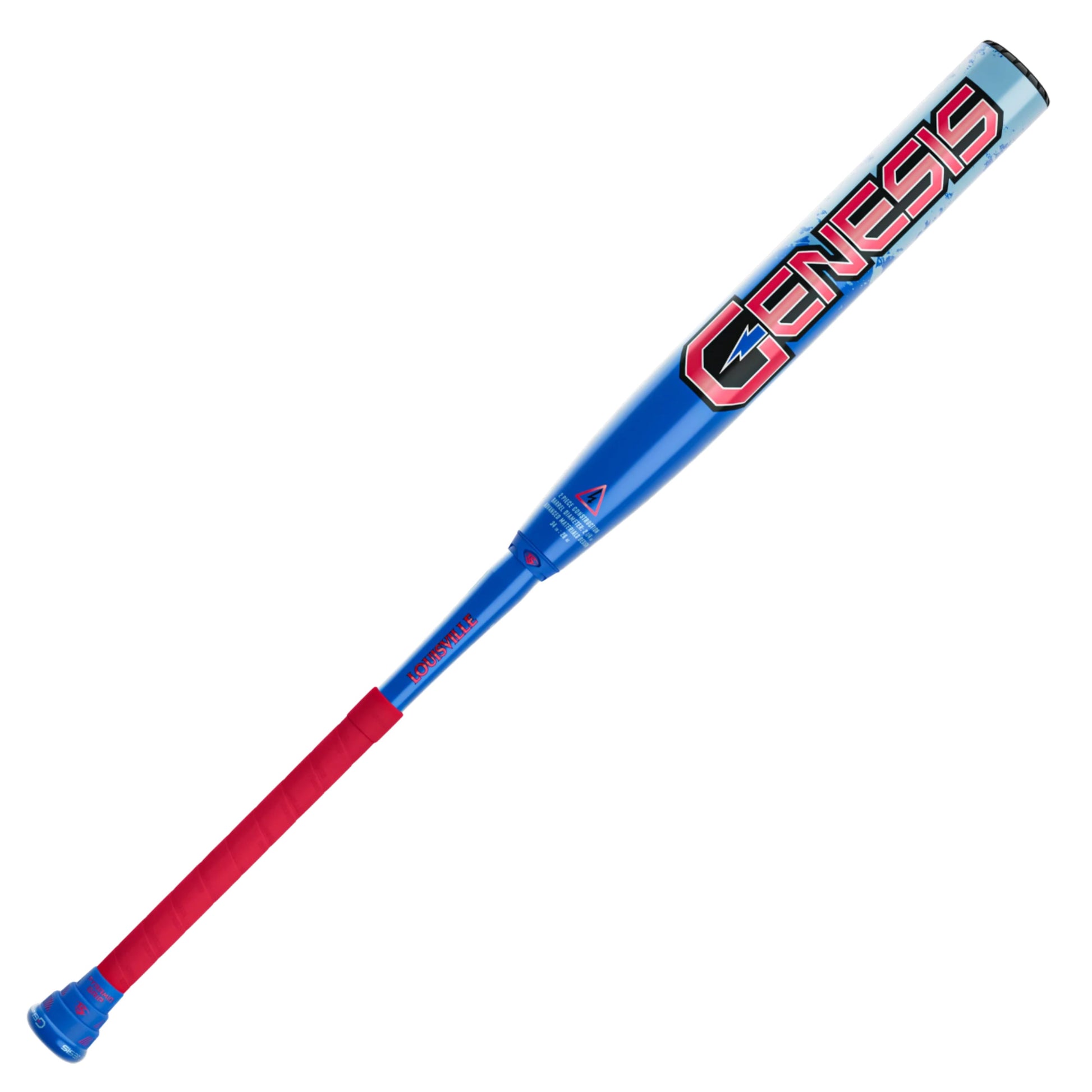 A photo of the Louisville Slugger Genesis "Splatter" 2 Piece Balanced (0.0oz) 12" Slo-Pitch Bat in colour royal blue and red.