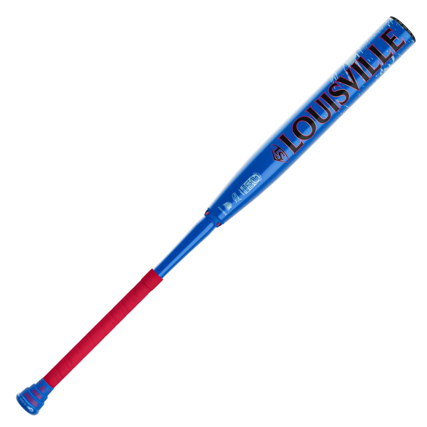 A photo of the Louisville Slugger Genesis "Splatter" 2 Piece Balanced (0.0oz) 12" Slo-Pitch Bat in colour royal blue and red.