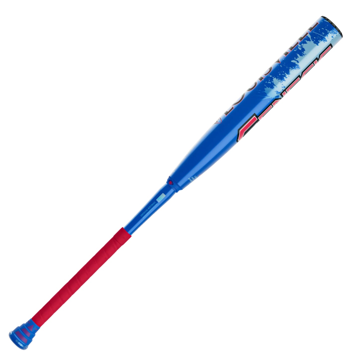 A photo of the Louisville Slugger Genesis "Splatter" 2 Piece Balanced (0.0oz) 12" Slo-Pitch Bat in colour royal blue and red.