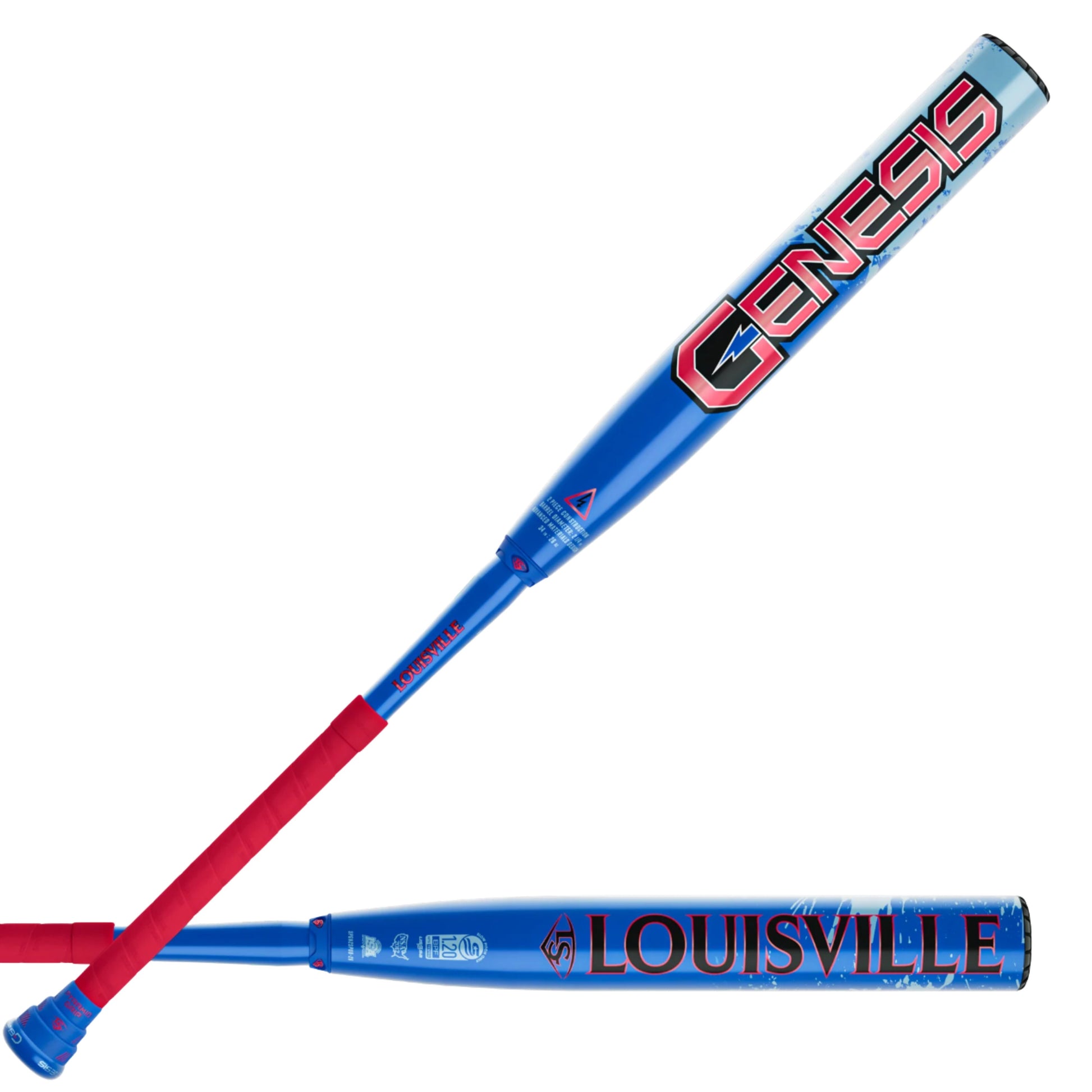 A photo of the Louisville Slugger Genesis "Splatter" 2 Piece Balanced (0.0oz) 12" Slo-Pitch Bat in colour royal blue and red.