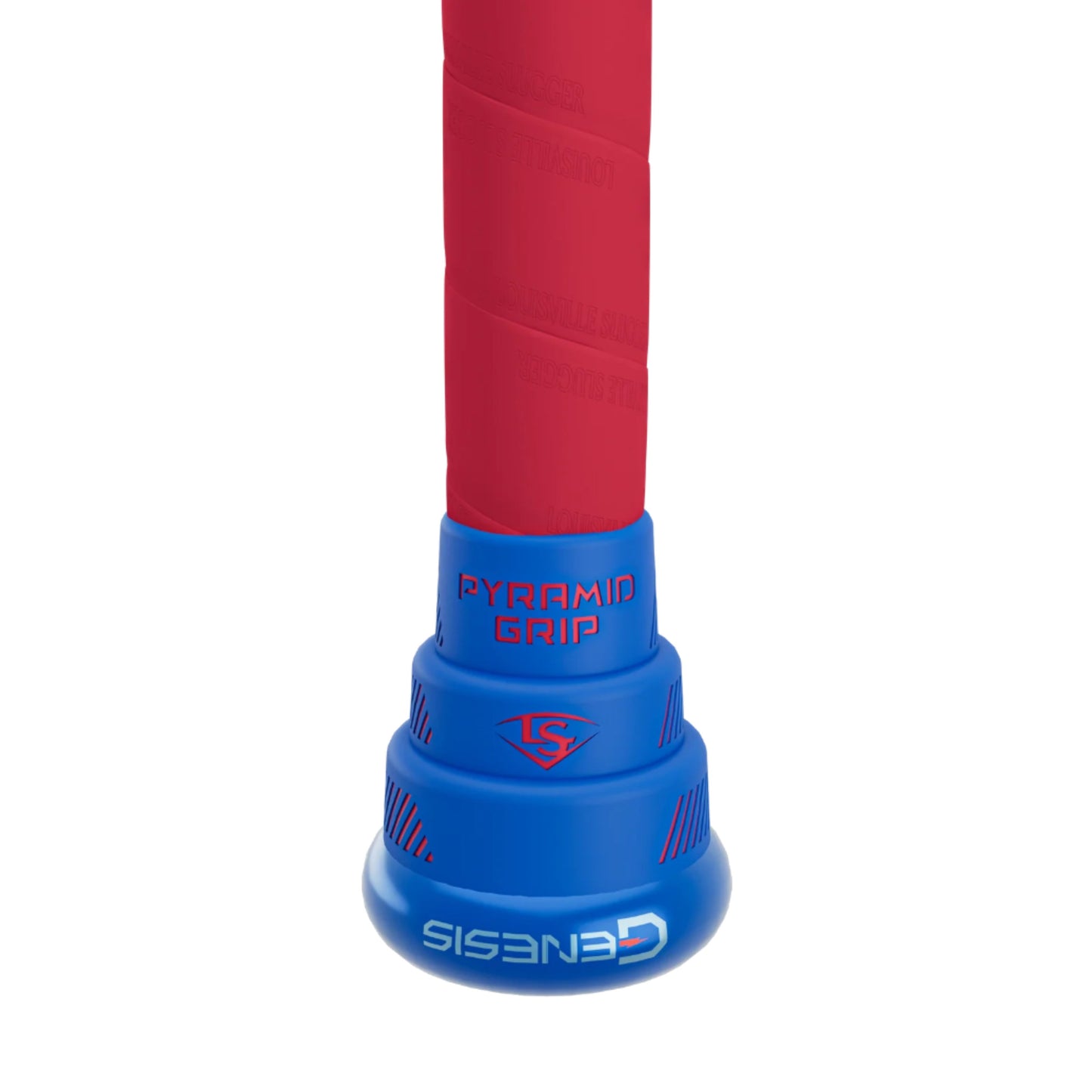 A photo of the Louisville Slugger Genesis "Splatter" 2 Piece Balanced (0.0oz) 12" Slo-Pitch Bat in colour royal blue and red.