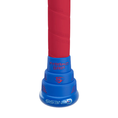 A photo of the Louisville Slugger Genesis "Splatter" 2 Piece Balanced (0.0oz) 12" Slo-Pitch Bat in colour royal blue and red.