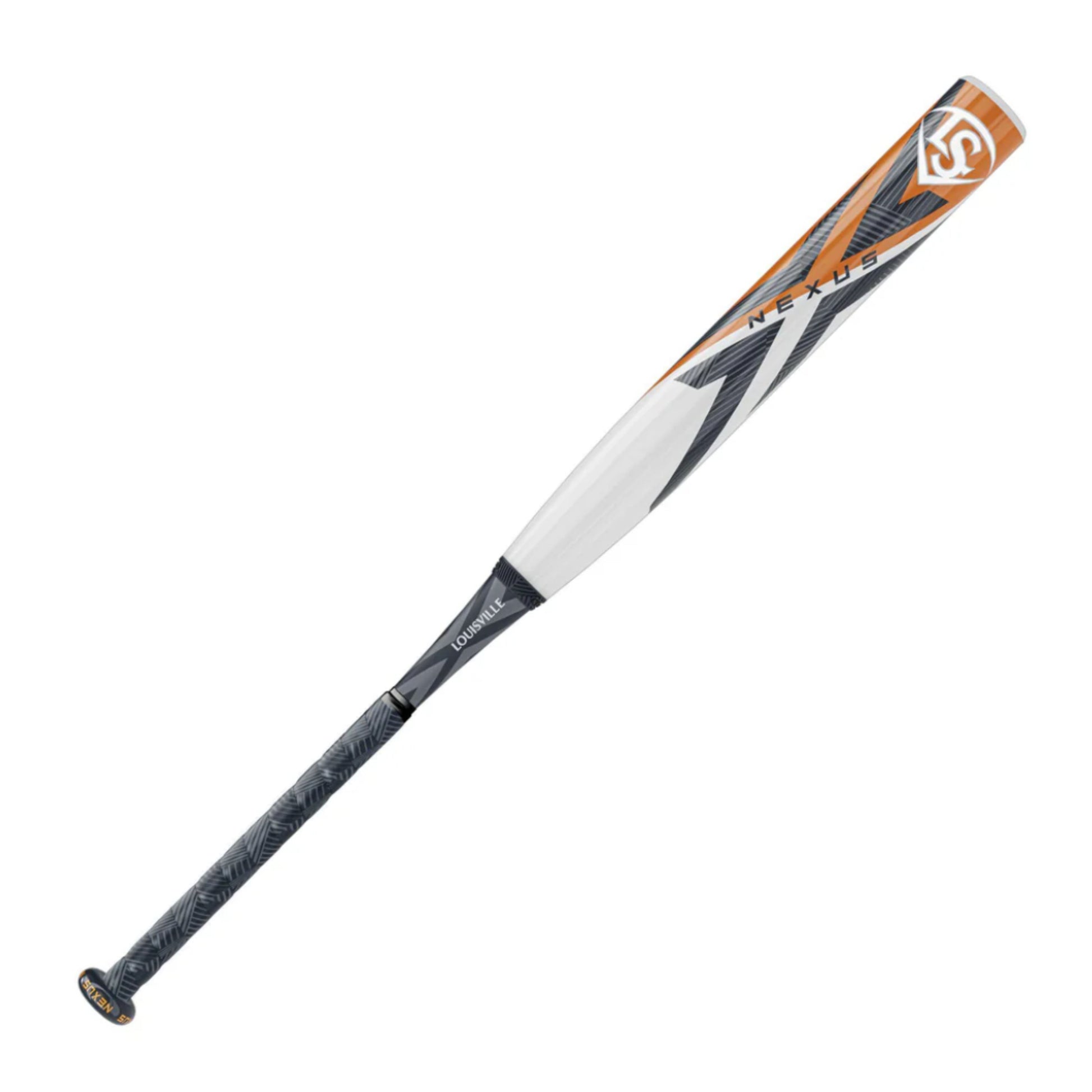 A photo of the Louisville Slugger Nexus (-12) Fast-Pitch Bat in colour white, black and orange.