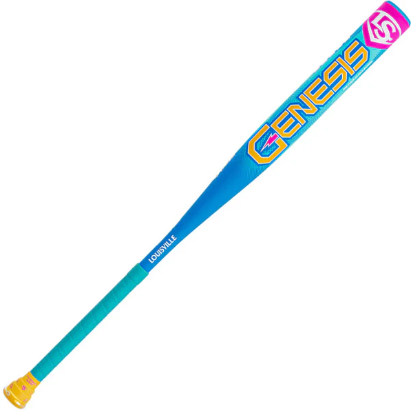 A photo of the Louisville Genesis 1 Piece LTM USSSA Endload Slo-pitch Softball Bat (2026) in colour blue and yellow.