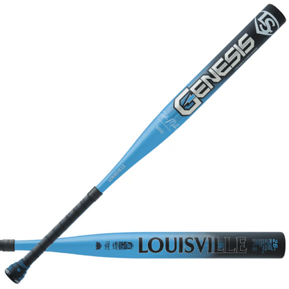A photo of the Louisville Slugger 2025 Genesis Tyler Marshburn 1PC Endload Slo-Pitch Bat in colour blue and black.