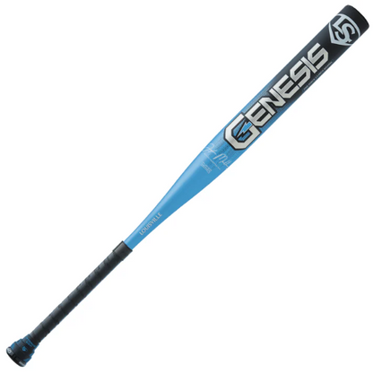 A photo of the Louisville Slugger 2025 Genesis Tyler Marshburn 1PC Endload Slo-Pitch Bat in colour blue and black.