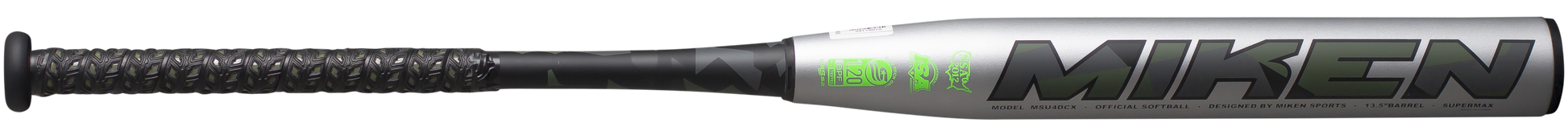 A photo of the 2024 Miken DC-41 SUPERMAX USSSA Slo-Pitch Bat - Source Exclusive in silver colour with dark green text alternative view.
