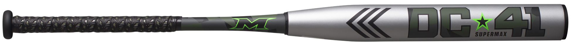 A photo of the 2024 Miken DC-41 SUPERMAX USSSA Slo-Pitch Bat - Source Exclusive in silver colour with dark green text