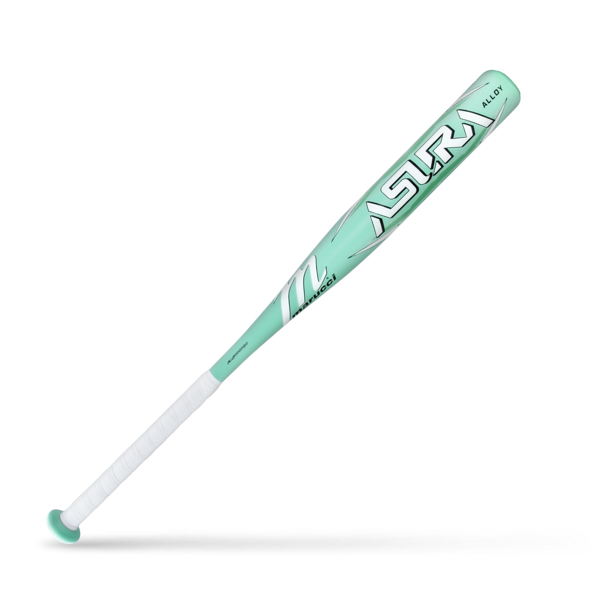 A photo of the Marucci Asura Alloy (-12) Baseball Bat in  colour green and white, with white ASURA writing.