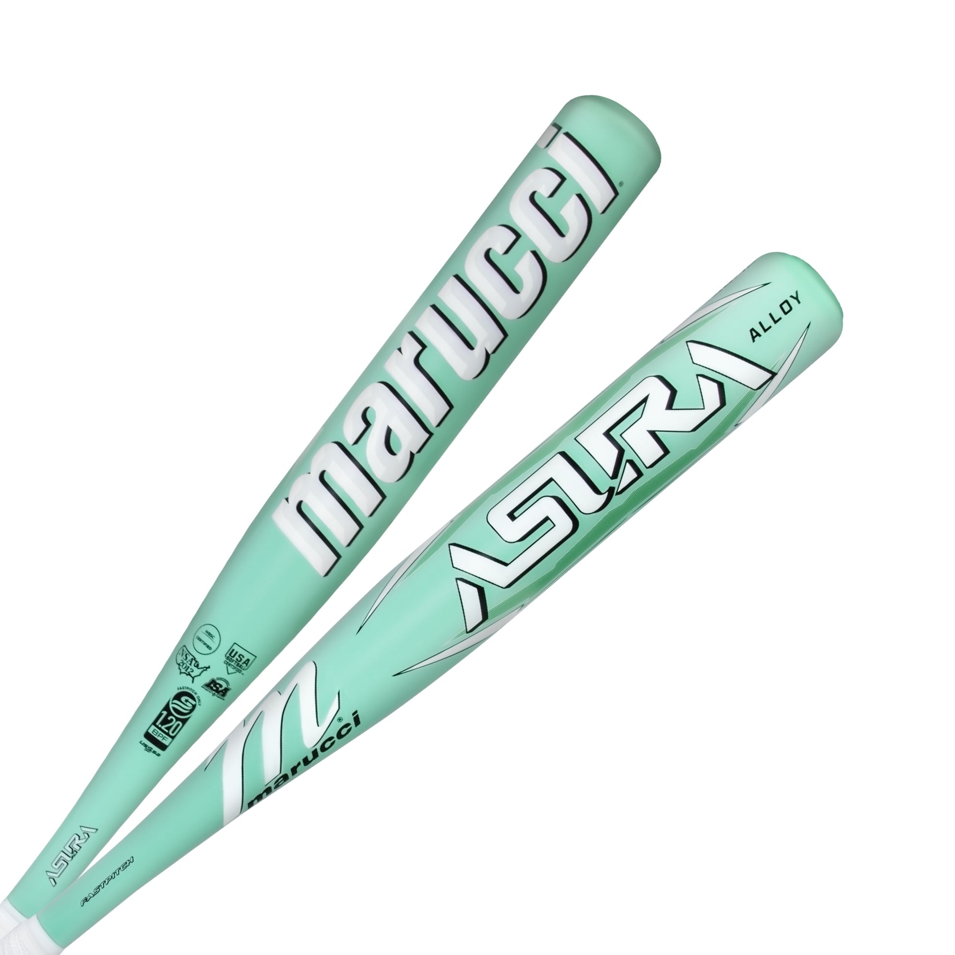 A photo of the Marucci Asura Alloy (-12) Baseball Bat in  colour green and white, with white ASURA writing.