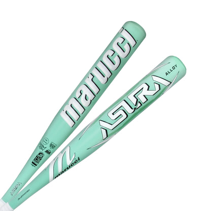 A photo of the Marucci Asura Alloy (-12) Baseball Bat in  colour green and white, with white ASURA writing.