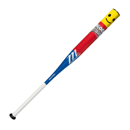 A photo of the Marucci Block Party 12.75" 1PC Loaded USSSA Slo-pitch Bat in colour blue, red, and yellow. White handle with a black cap.