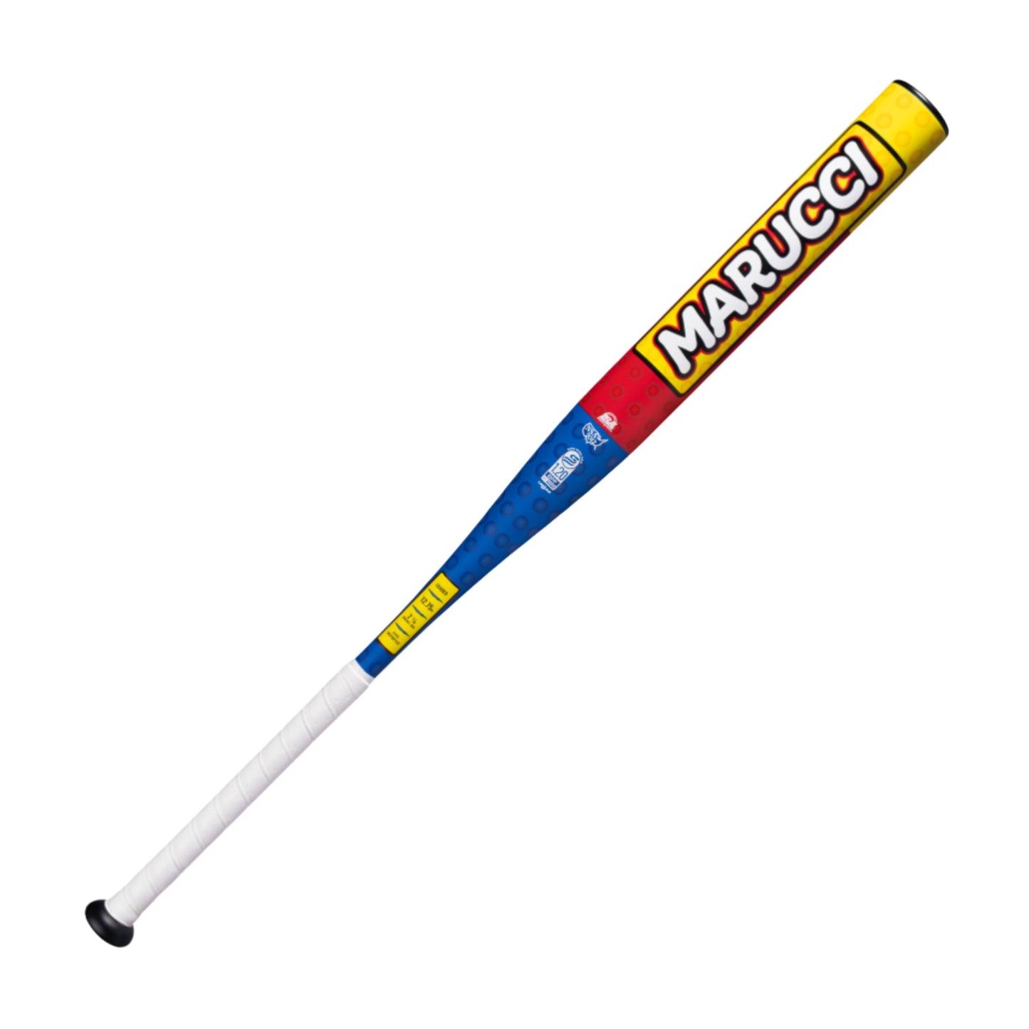 A photo of the Marucci Block Party 12.75" 1PC Loaded USSSA Slo-pitch Bat in colour blue, red, and yellow. White handle with a black cap.