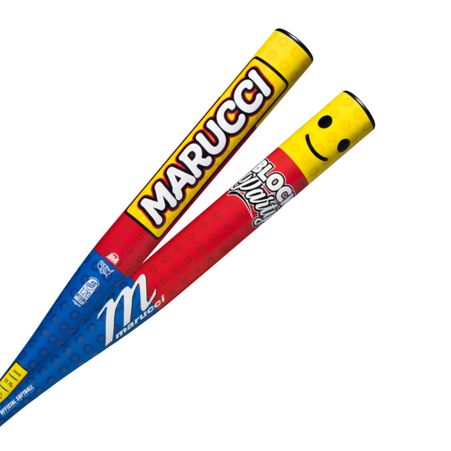 A photo of the Marucci Block Party 12.75" 1PC Loaded USSSA Slo-pitch Bat in colour blue, red, and yellow. White handle with a black cap.