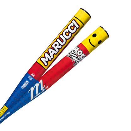 A photo of the Marucci Block Party 12.75" 1PC Loaded USSSA Slo-pitch Bat in colour blue, red, and yellow. White handle with a black cap.