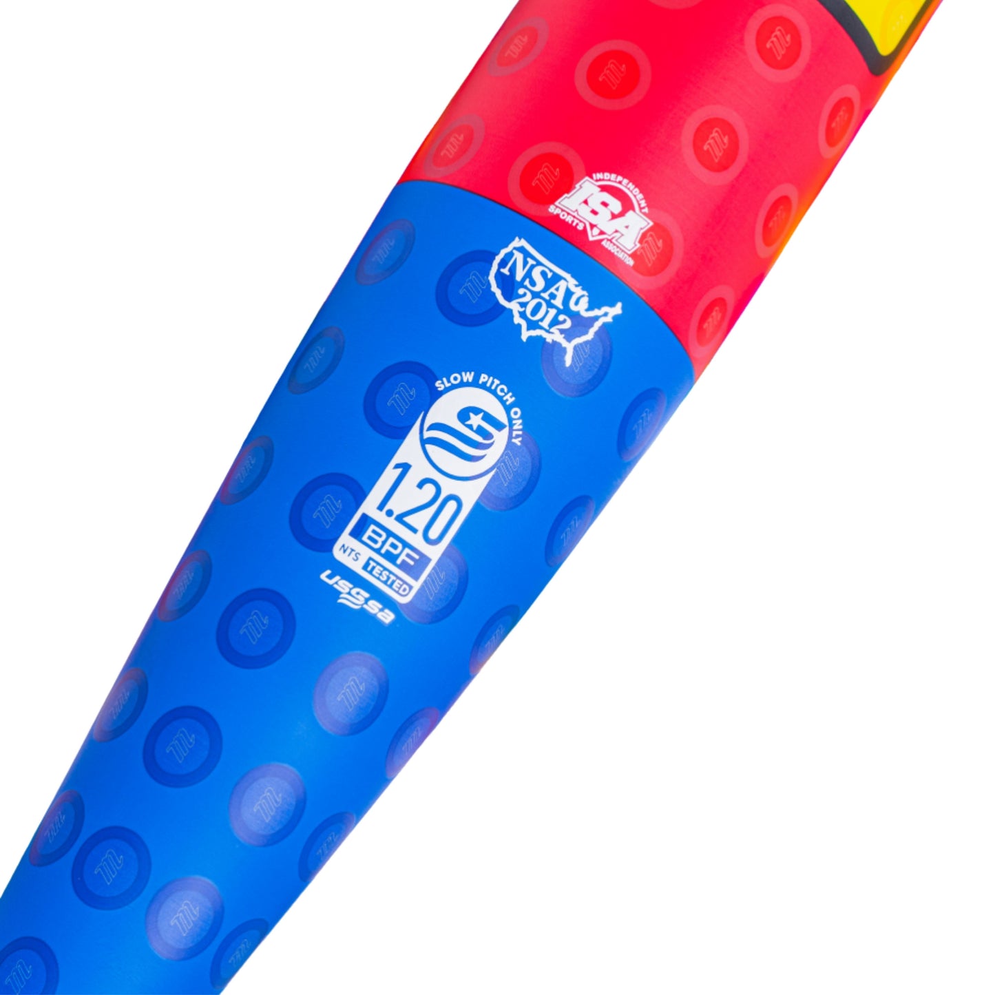 A photo of the Marucci Block Party 12.75" 1PC Loaded USSSA Slo-pitch Bat in colour blue, red, and yellow. 