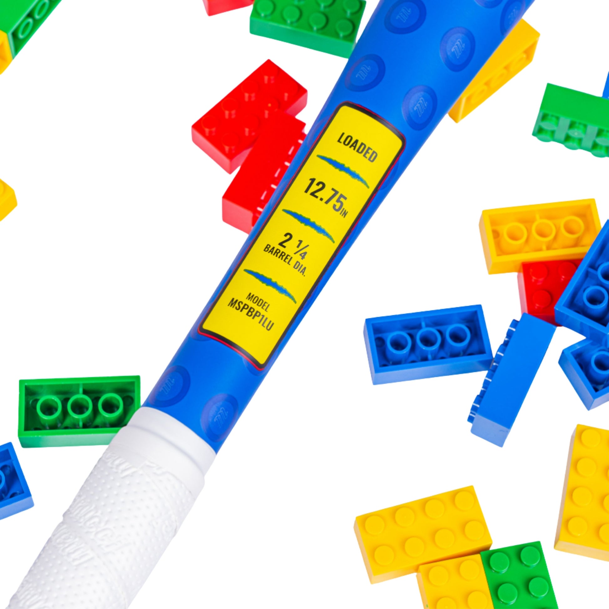 A photo of the Marucci Block Party 12.75" 1PC Loaded USSSA Slo-pitch Bat in colour blue, red, and yellow. Multi colour Lego pieces in the background.