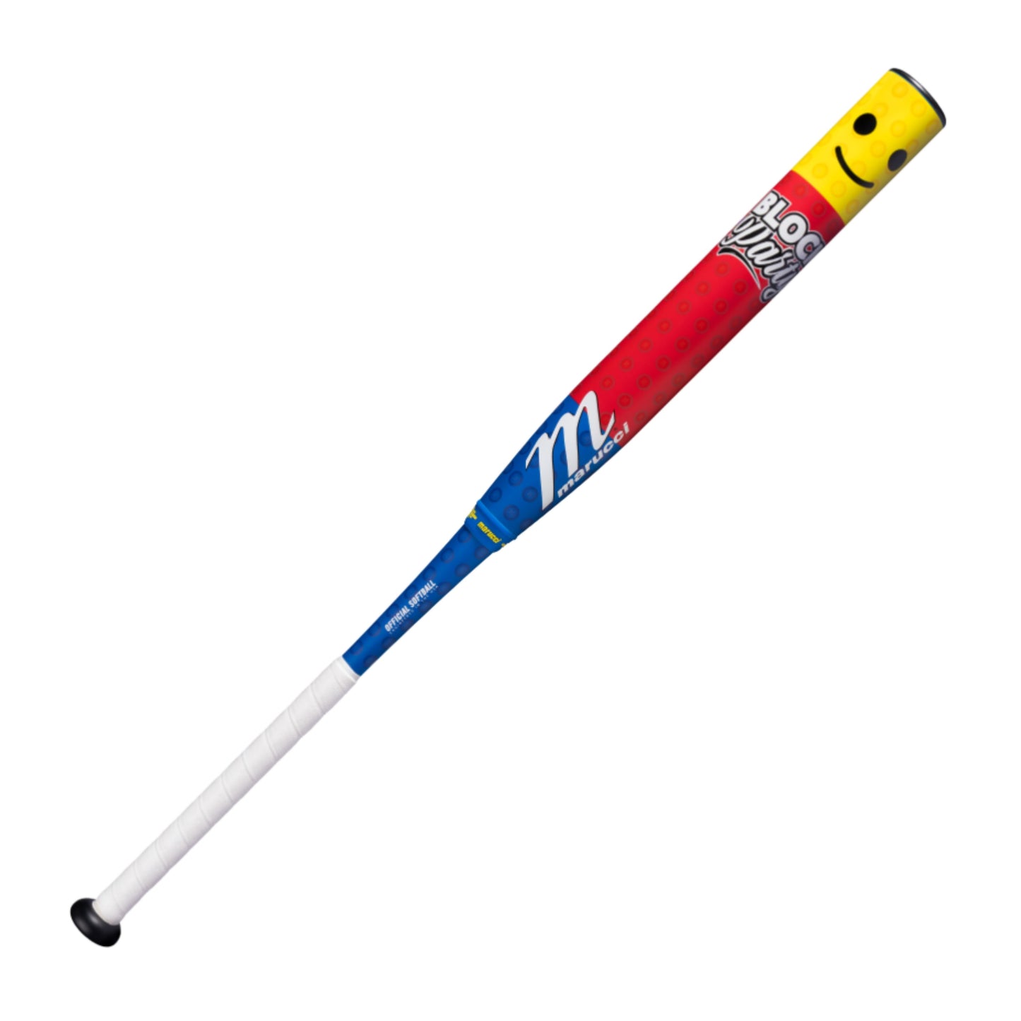 A photo of the Marucci Block Party 12.75" 2PC Loaded USSSA Slo-pitch Bat in colour blue, red and yellow. With a white handle. 