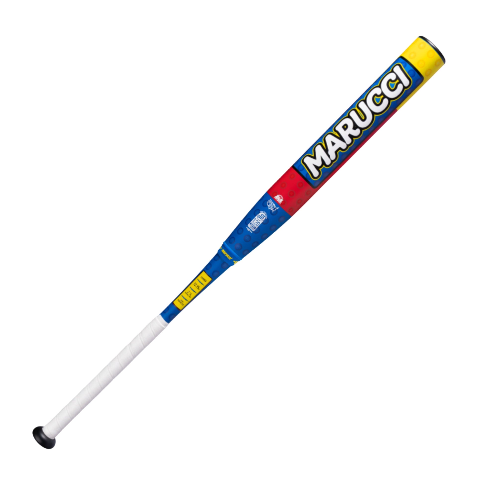 A photo of the Marucci Block Party 12.75" 2PC Loaded USSSA Slo-pitch Bat in colour blue, red and yellow. With a white handle. 