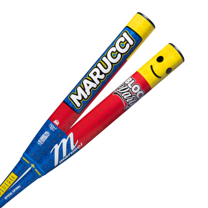 A photo of the Marucci Block Party 12.75" 2PC Loaded USSSA Slo-pitch Bat in colour blue, red and yellow. With a white handle. 