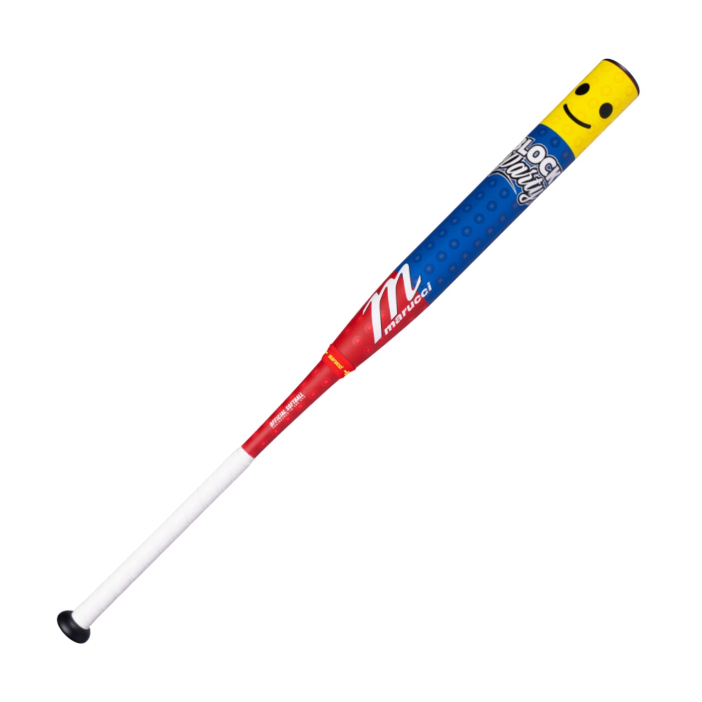 A photo of the Marucci Block Party 13" 2PC Balanced USSSA Slo-pitch Bat in colour yellow, blue, red. White handle with a black end cap.