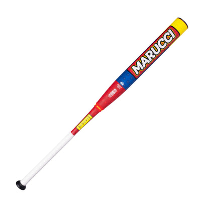 A photo of the Marucci Block Party 13" 2PC Balanced USSSA Slo-pitch Bat in colour yellow, blue, red. White handle with a black end cap.