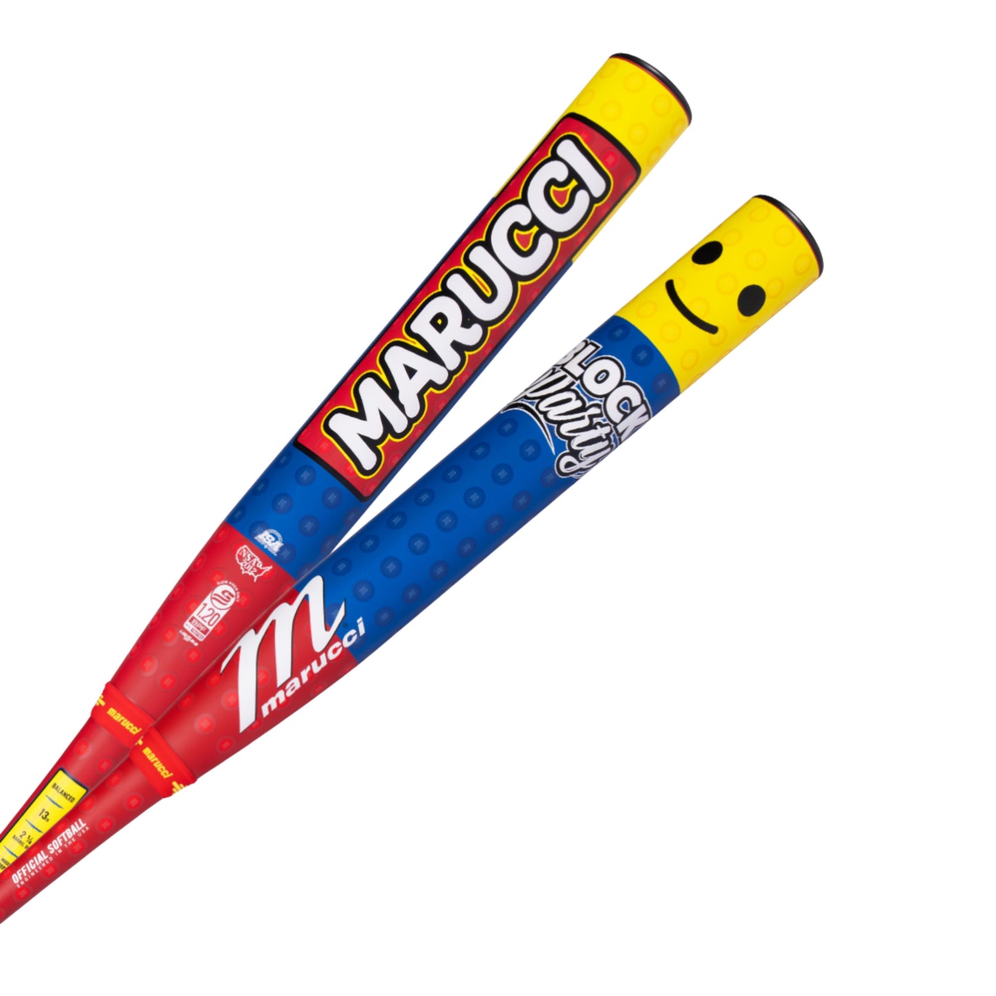A photo of the Marucci Block Party 13" 2PC Balanced USSSA Slo-pitch Bat in colour yellow, blue, red. White handle with a black end cap.