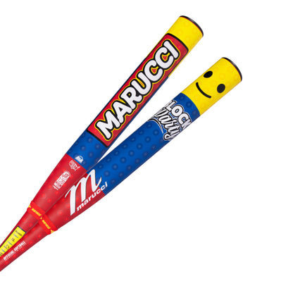A photo of the Marucci Block Party 13" 2PC Balanced USSSA Slo-pitch Bat in colour yellow, blue, red. White handle with a black end cap.