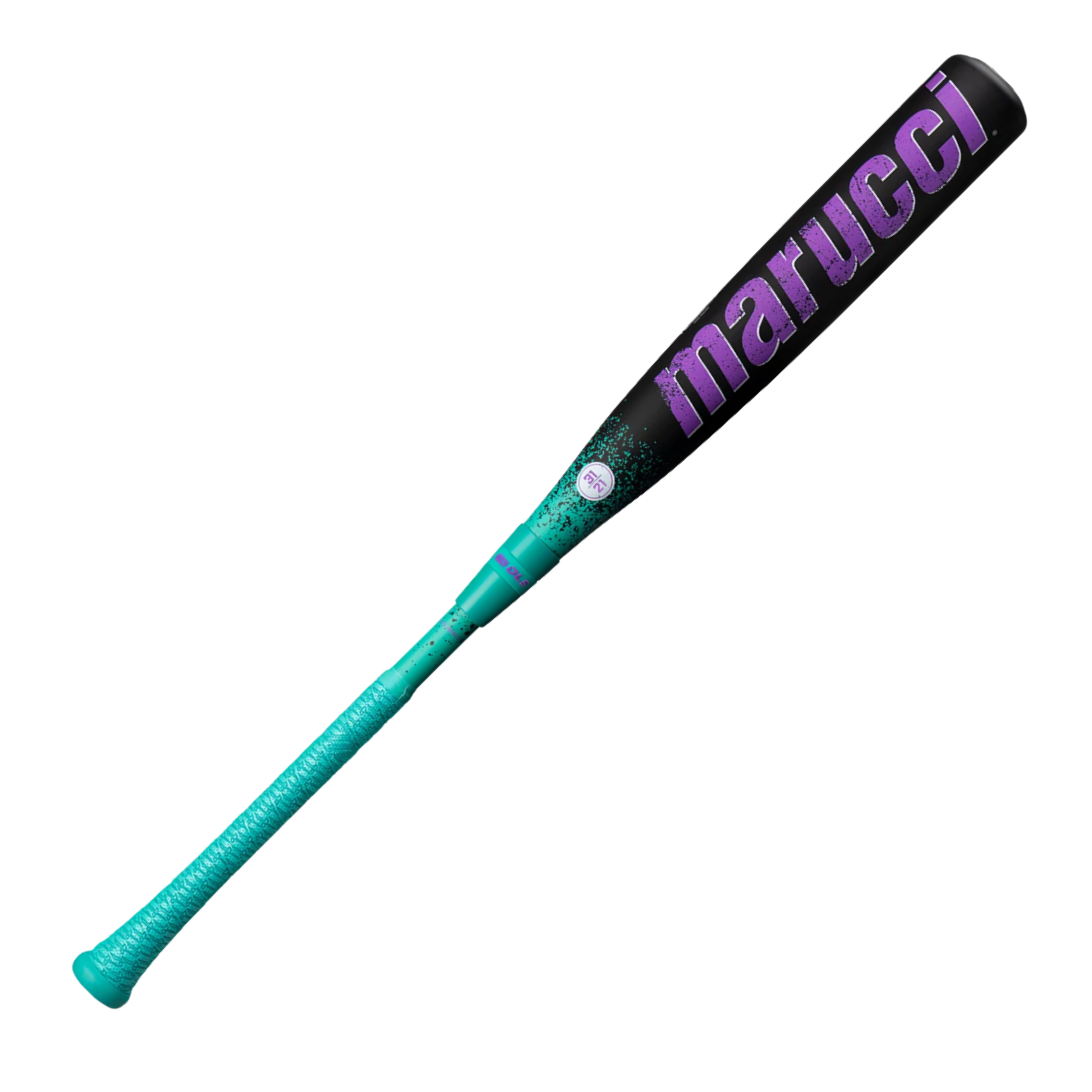 A photo of the Marucci CAT X Rckless (-10) USSSA Baseball Bat in colour black and teal, with purple text.