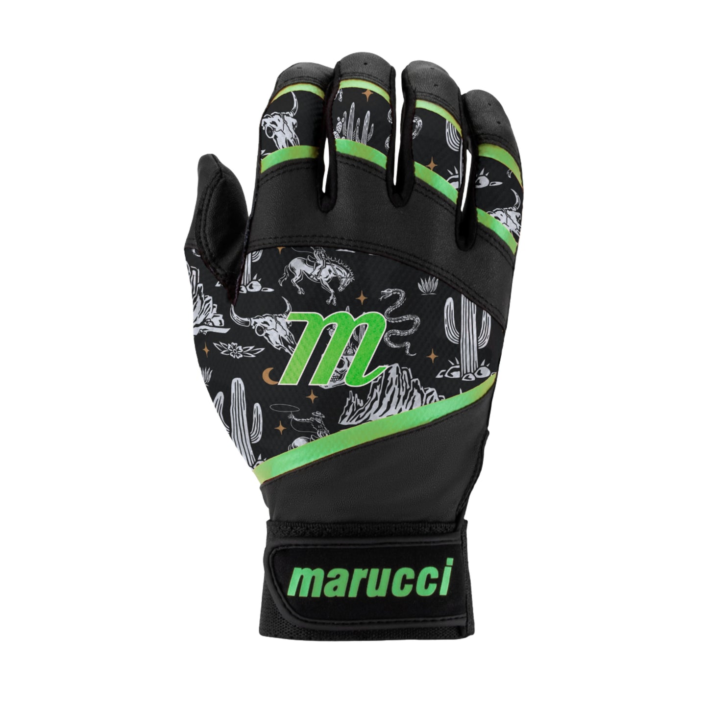 A photo of the Marucci Foxtrot Tee Ball Batting Gloves in colour black and green.