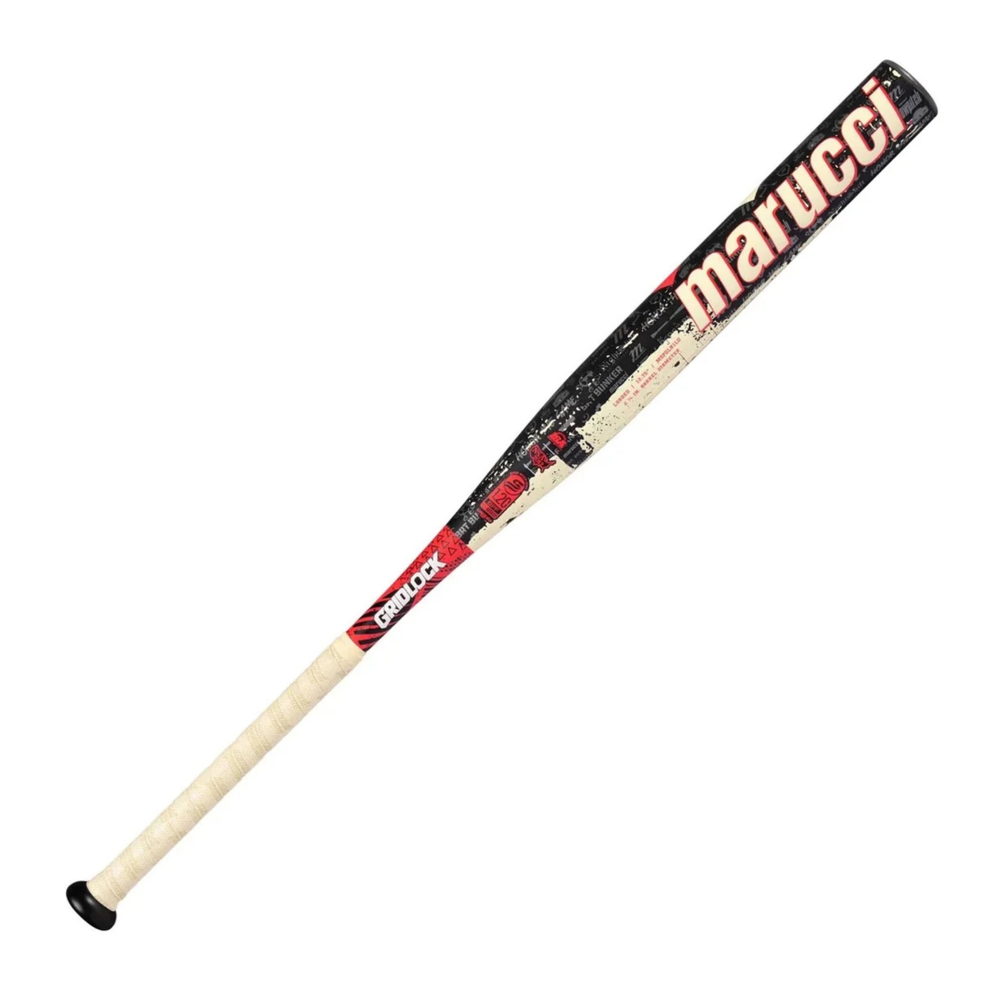 A photo of the Marucci Gridlock 12.75" 1PC Loaded USSSA Slo-pitch Bat in colour black, white and red.