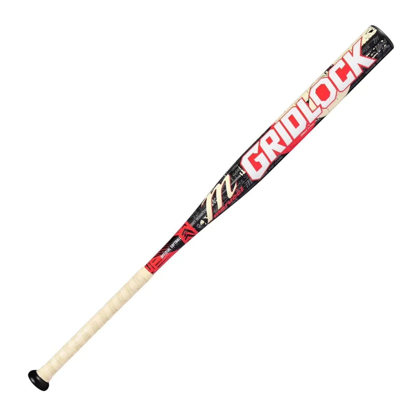A photo of the Marucci Gridlock 12.75" 1PC Loaded USSSA Slo-pitch Bat in colour black, white and red.