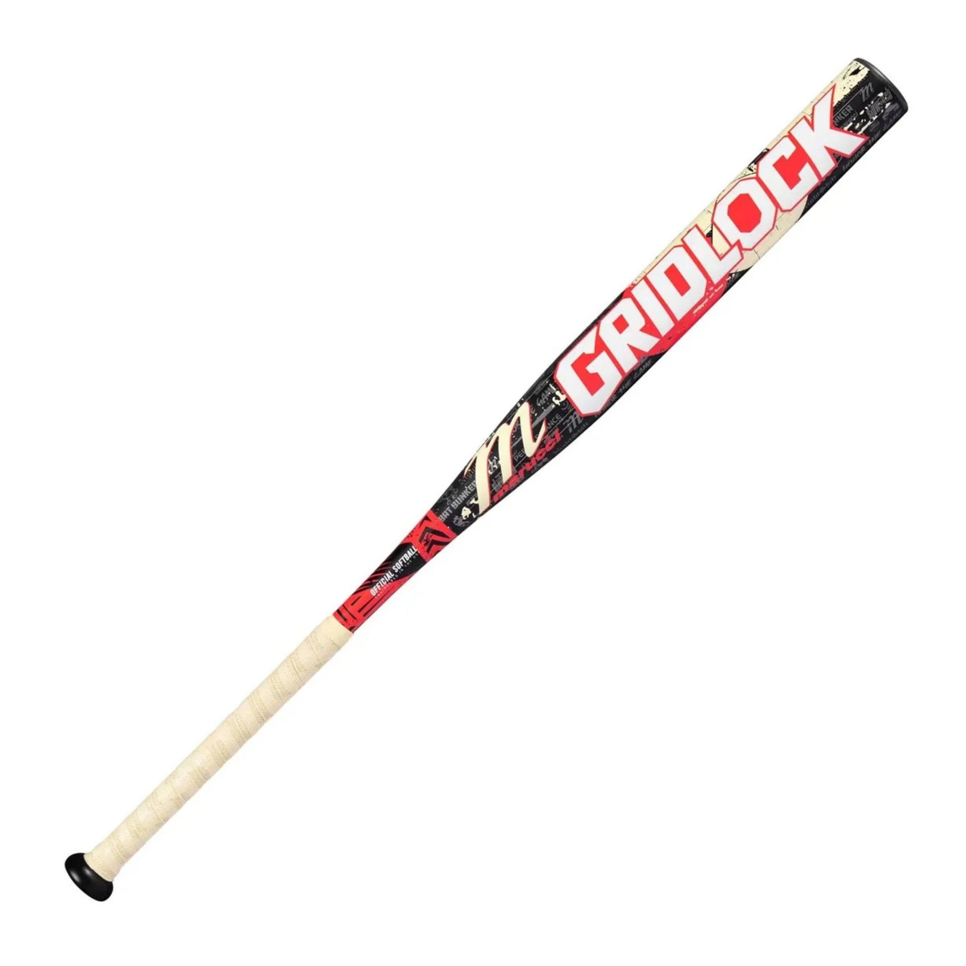 A photo of the Marucci Gridlock 12.75" 1PC Loaded USSSA Slo-pitch Bat in colour black, white and red.