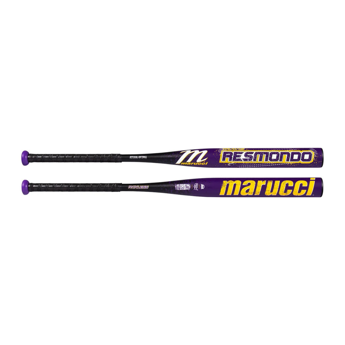 A photo of the Marucci RCKLESS Resmondo 1-Piece Loaded 12.75" Barrel USSSA Slo-pitch Bat in colour purple and gold.