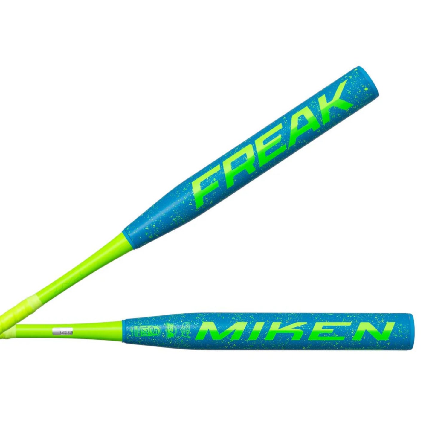 A photo of the Miken Freak Splatter 13.5" Maxload USSSA Slo-Pitch Softball Bat  in colour teal and green.