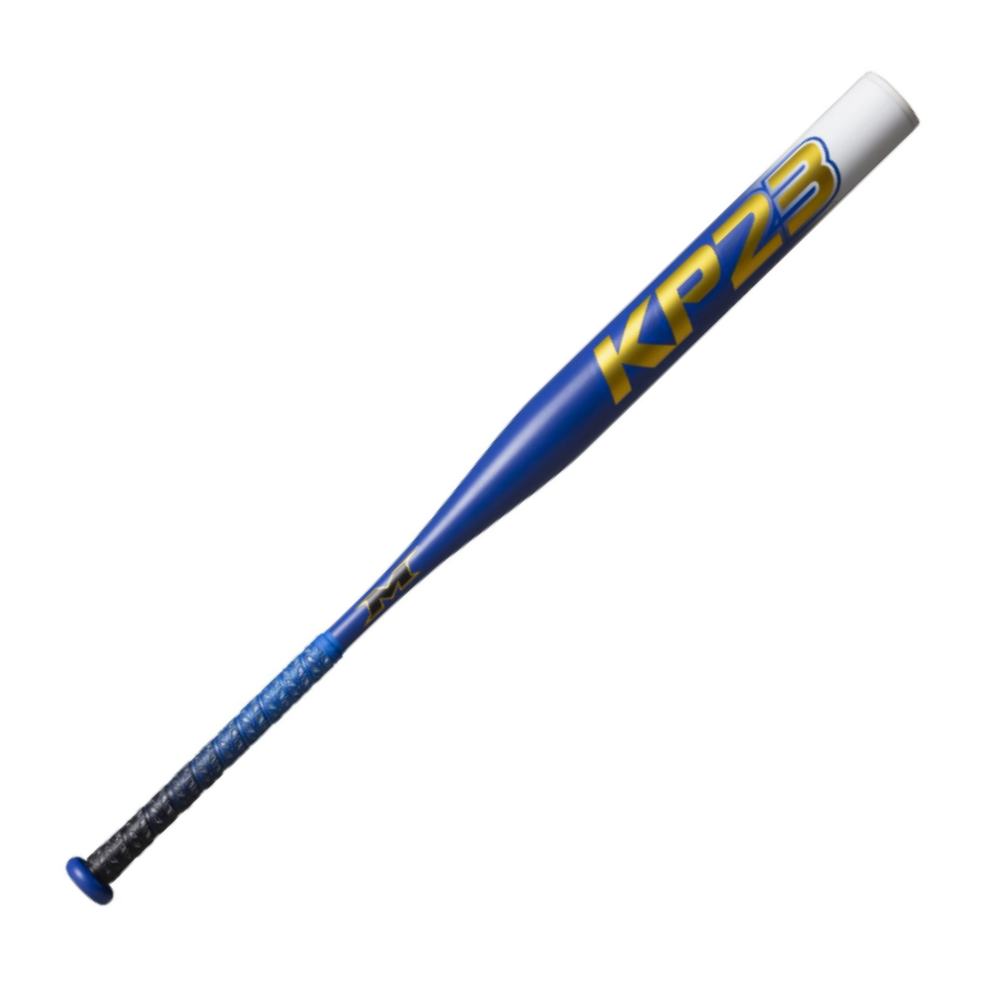 A photo of the Miken KP23 One-Piece Maxload - 14" Barrel Slo-Pitch Bat in colour blue and white.