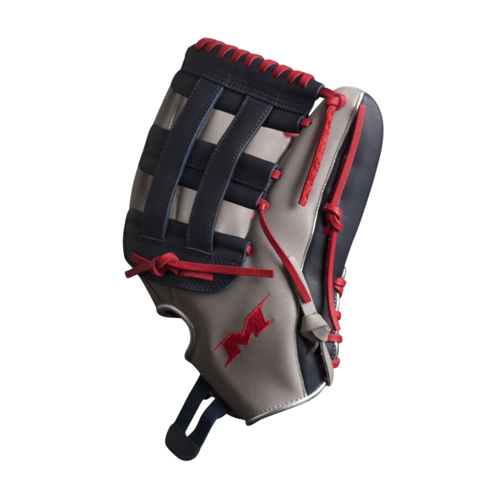 A photo of the Miken Player Series 14" Slo-Pitch Glove (2026) in colour black and grey, with red lace.