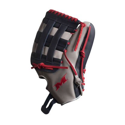 A photo of the Miken Player Series 14" Slo-Pitch Glove (2026) in colour black and grey, with red lace.