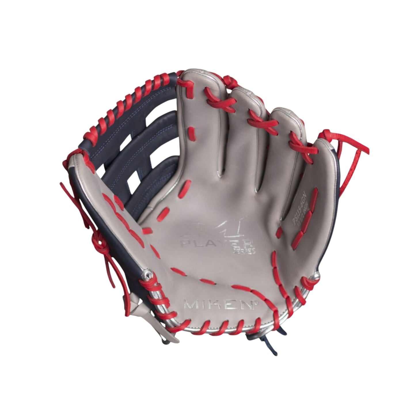 A photo of the Miken Player Series 14" Slo-Pitch Glove (2026) in colour black and grey, with red lace.
