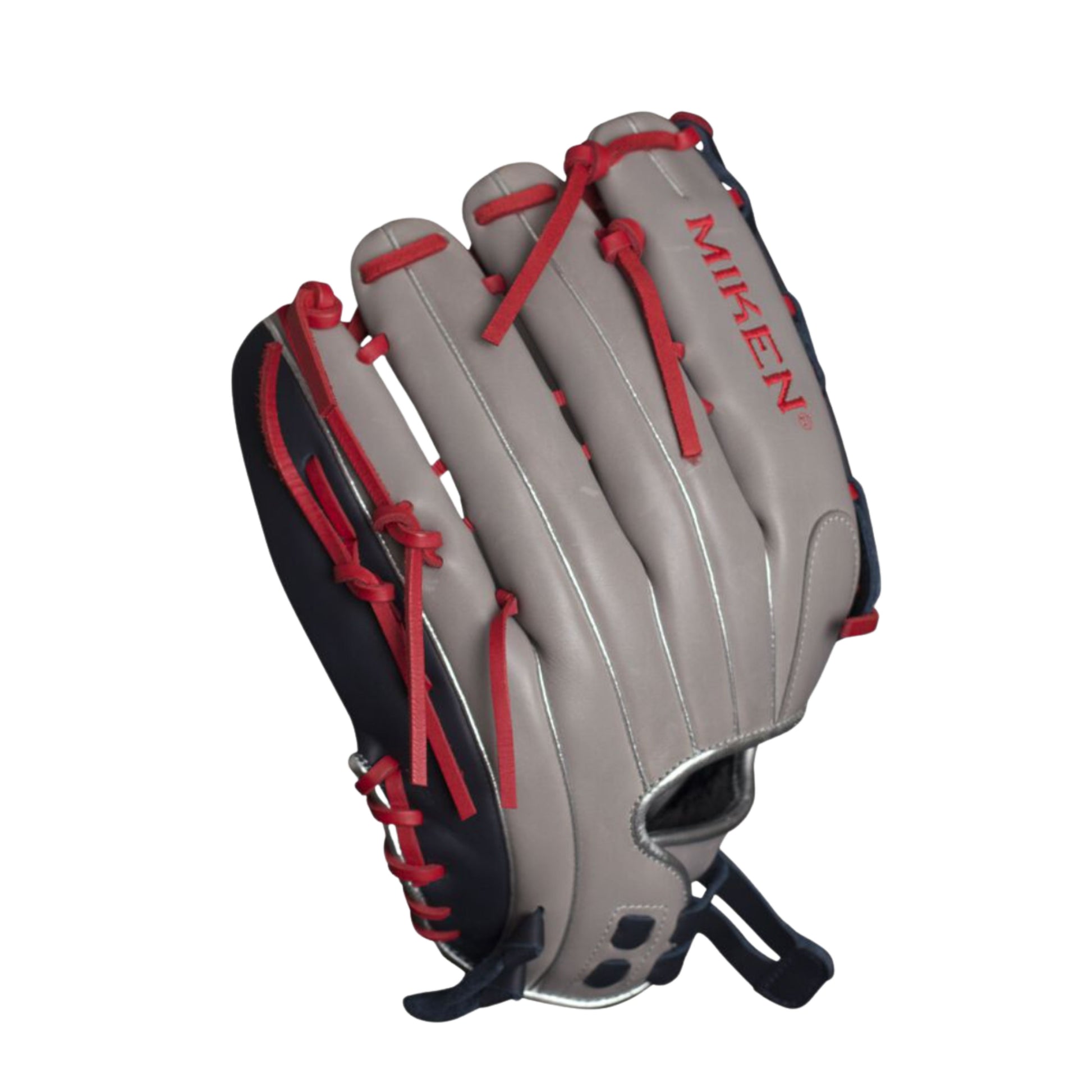 A photo of the Miken Player Series 14" Slo-Pitch Glove (2026) in colour black and grey, with red lace.